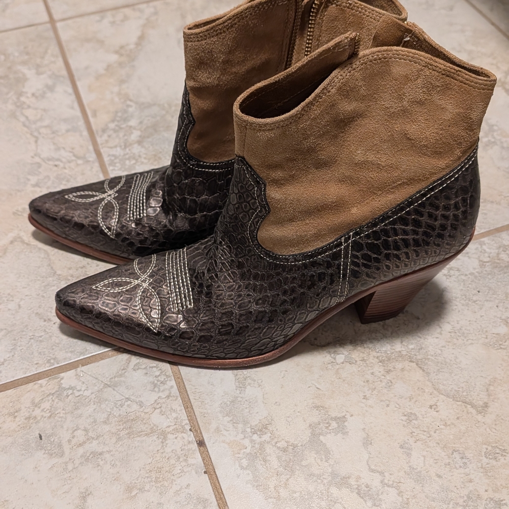 Donald J. Pliner Two-Tone Brown Suede & Leather Embossed Ankle Booties
